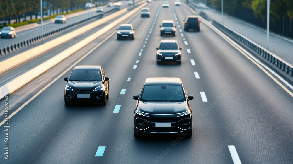 Autonomous vehicles traveling side by side on multi-lane highway, illuminated by soft sunset glow representing technological advancement Autonomous vehicles traveling side by side on multi-lane highway, illuminated by soft sunset glow representing technological advancement
