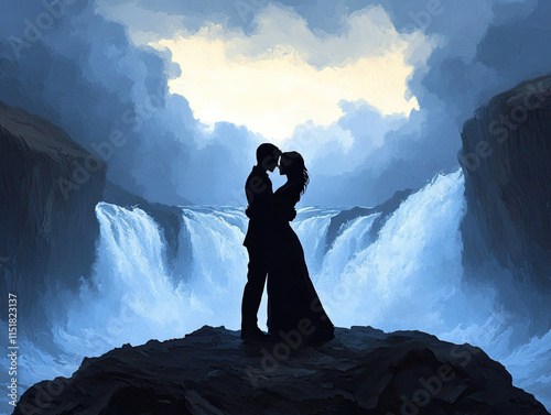 A romantic silhouette of a couple embracing near a majestic waterfall, set against a dramatic, cloudy sky. photo