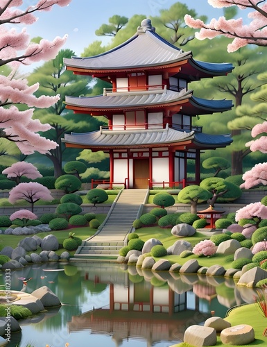 Vintage Japanese or Chinese traditional building, Asia watercolor tower illustration, river or pond attraction, sakura blossom. East architecture