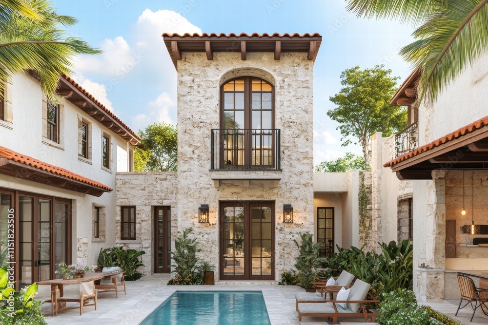Mediterranean Style Courtyard with Pool and Lush Greenery Mediterranean Style Courtyard with Pool and Lush Greenery