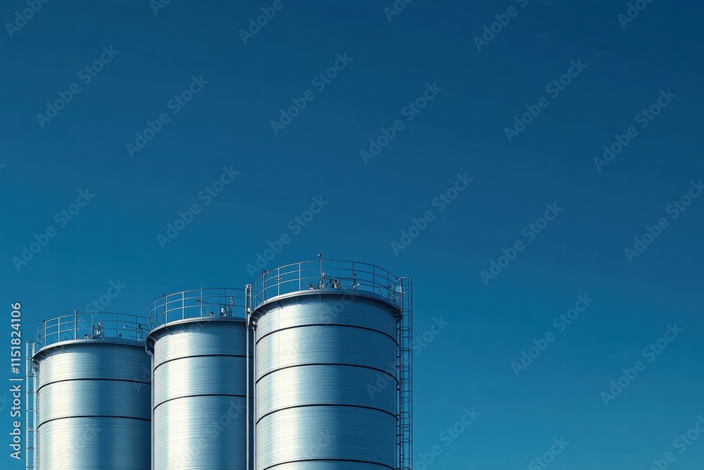 Three Industrial Silos Against a Clear Blue Sky Three Industrial Silos Against a Clear Blue Sky
