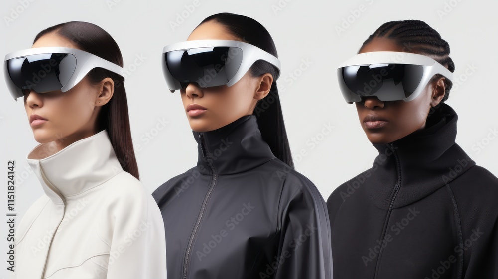 A group of diverse women wearing sleek augmented reality glasses, each exuding confidence and style, standing against a clean white background to highlight the futuristic design A group of diverse women wearing sleek augmented reality glasses, each exuding confidence and style, standing against a clean white background to highlight the futuristic design