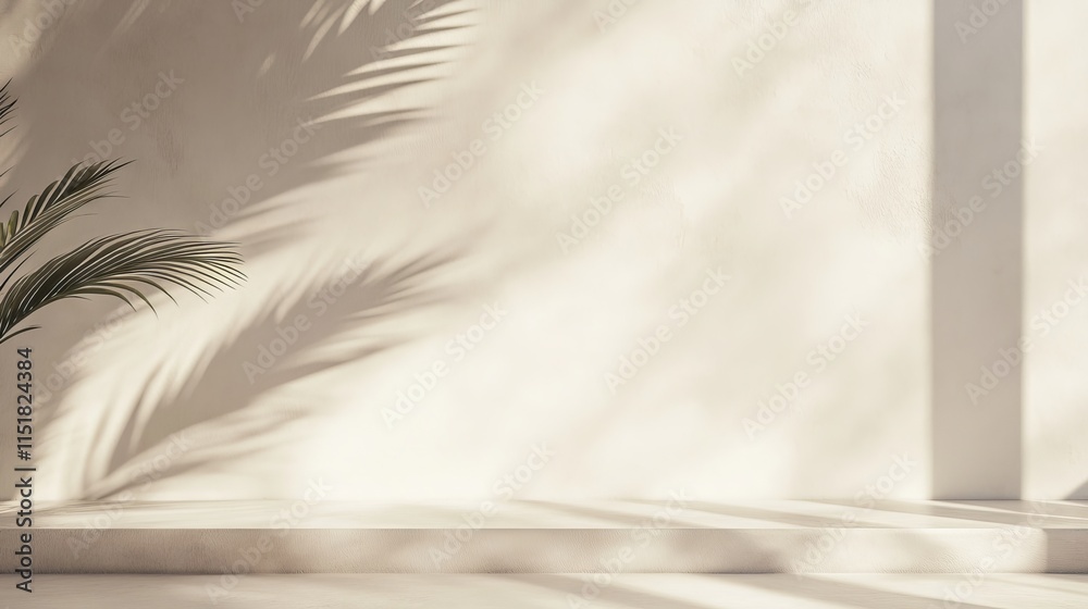 Minimal product display with palm leaf shadows on warm beige plaster wall, luxury summer architecture interior aesthetic, boho home décor, product platform stage mockup Minimal product display with palm leaf shadows on warm beige plaster wall, luxury summer architecture interior aesthetic, boho home décor, product platform stage mockup