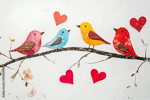 Valentine's Day Birds on a Branch Adorned with Heart Decorations. photo