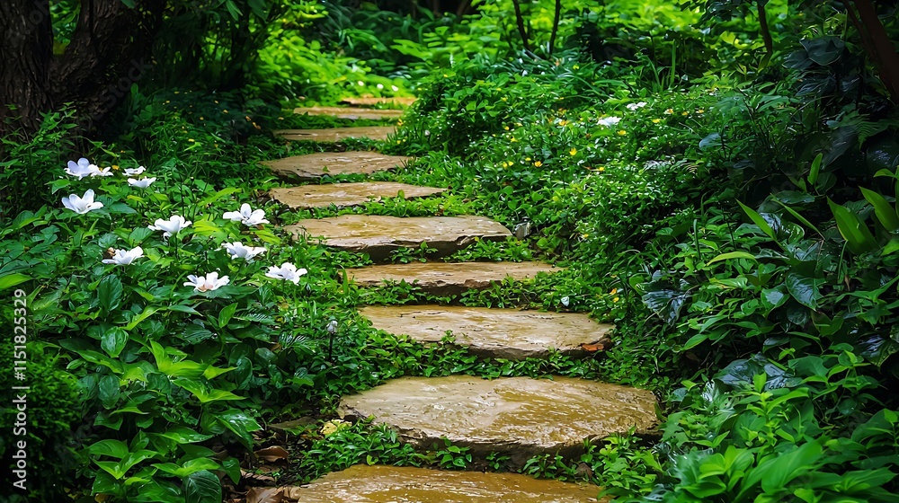 Obraz premium Winding stone path through lush green garden with white flowers.