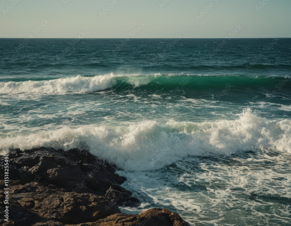 A large curling wave, framed against a serene horizon. A large curling wave, framed against a serene horizon.