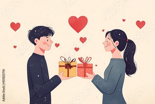 Valentine's Day Couple Exchanging Gifts in a Romantic Atmosphere. photo