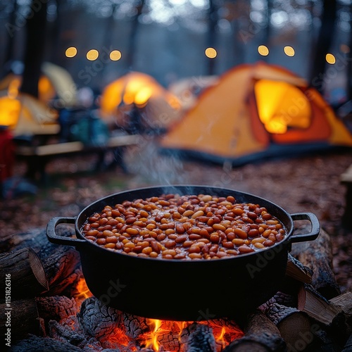 Campfire scene with a pot of baked beans simmering over the fire. photo