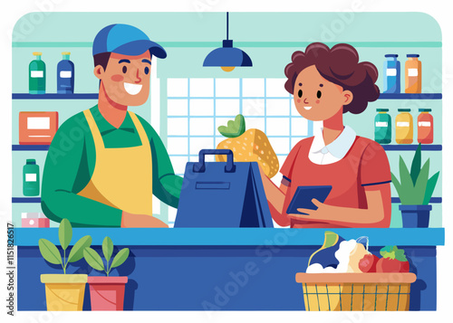 A customer at a grocery store checkout, chatting with the cashier while unloading items