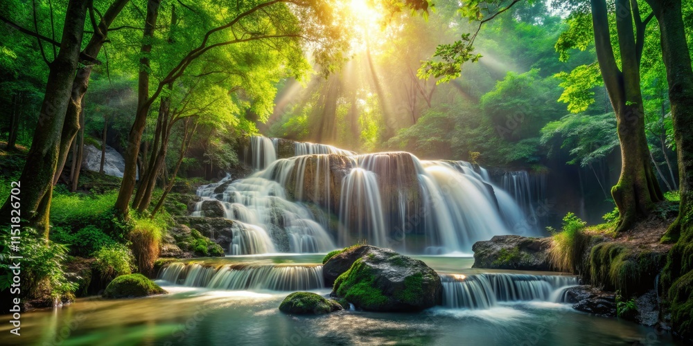 Obraz premium High-resolution image: a vibrant waterfall plunges through a dense, green forest.