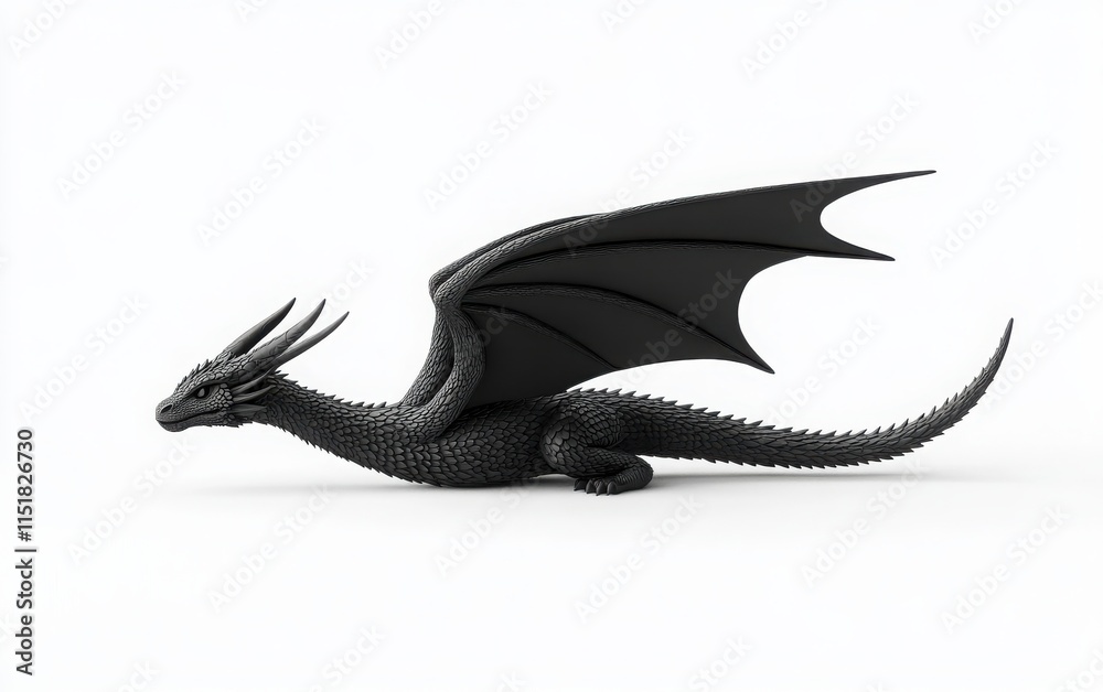 Obraz premium A 3D render of a black dragon with horns in a flying pose, captured from a side view on a white background. 