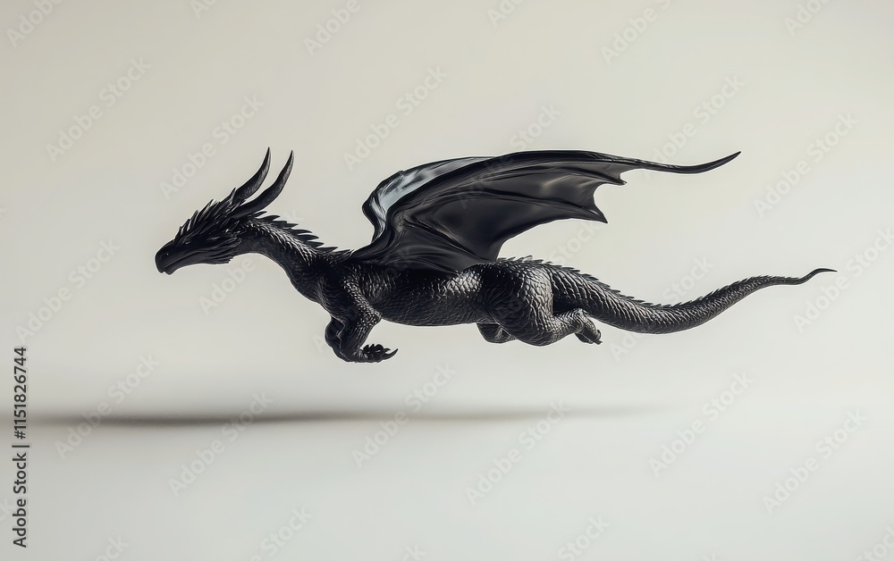 Fototapeta premium A 3D render of a black dragon with horns in a flying pose, captured from a side view on a white background. 