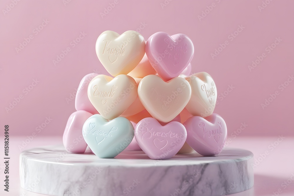 pastel hearts stacked in a glossy arrangement with soft colors and a pink background on a marble base, radiating romance pastel hearts stacked in a glossy arrangement with soft colors and a pink background on a marble base, radiating romance