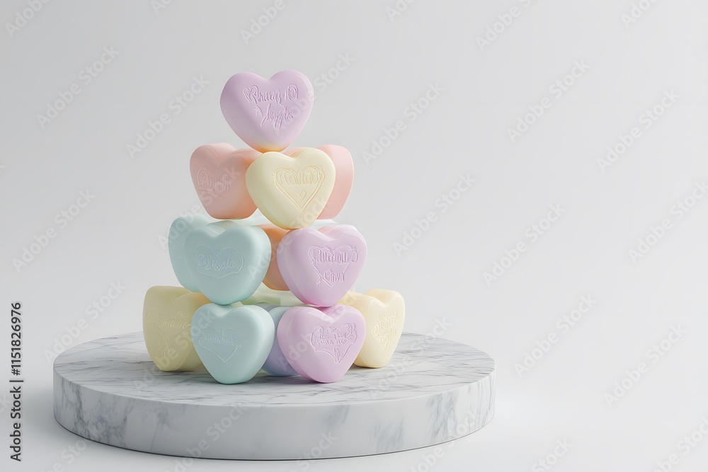 pastel hearts stacked in a glossy arrangement with soft colors and a pink background on a marble base, radiating romance pastel hearts stacked in a glossy arrangement with soft colors and a pink background on a marble base, radiating romance