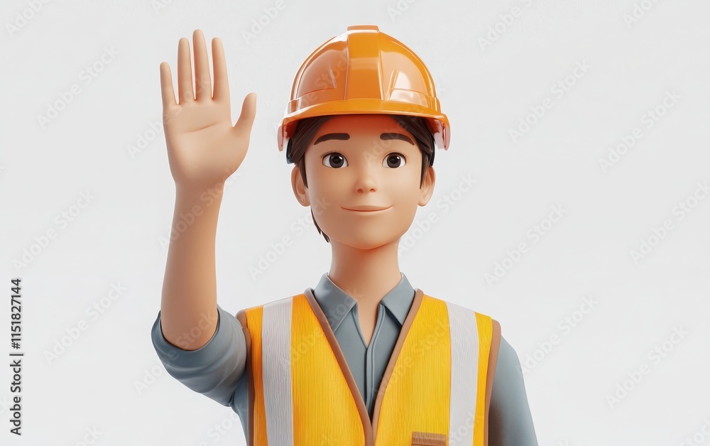 A 3D-rendered person wearing a construction helmet and safety vest, waving their hand up in a greeting gesture. A 3D-rendered person wearing a construction helmet and safety vest, waving their hand up in a greeting gesture.