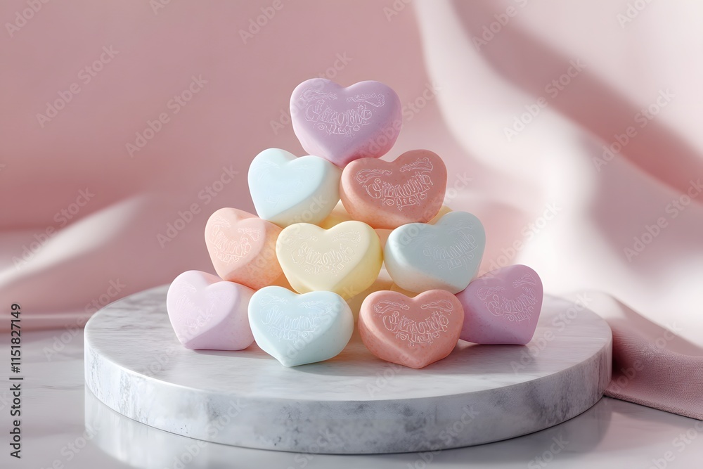 pastel hearts stacked in a glossy arrangement with soft colors and a pink background on a marble base, radiating romance pastel hearts stacked in a glossy arrangement with soft colors and a pink background on a marble base, radiating romance