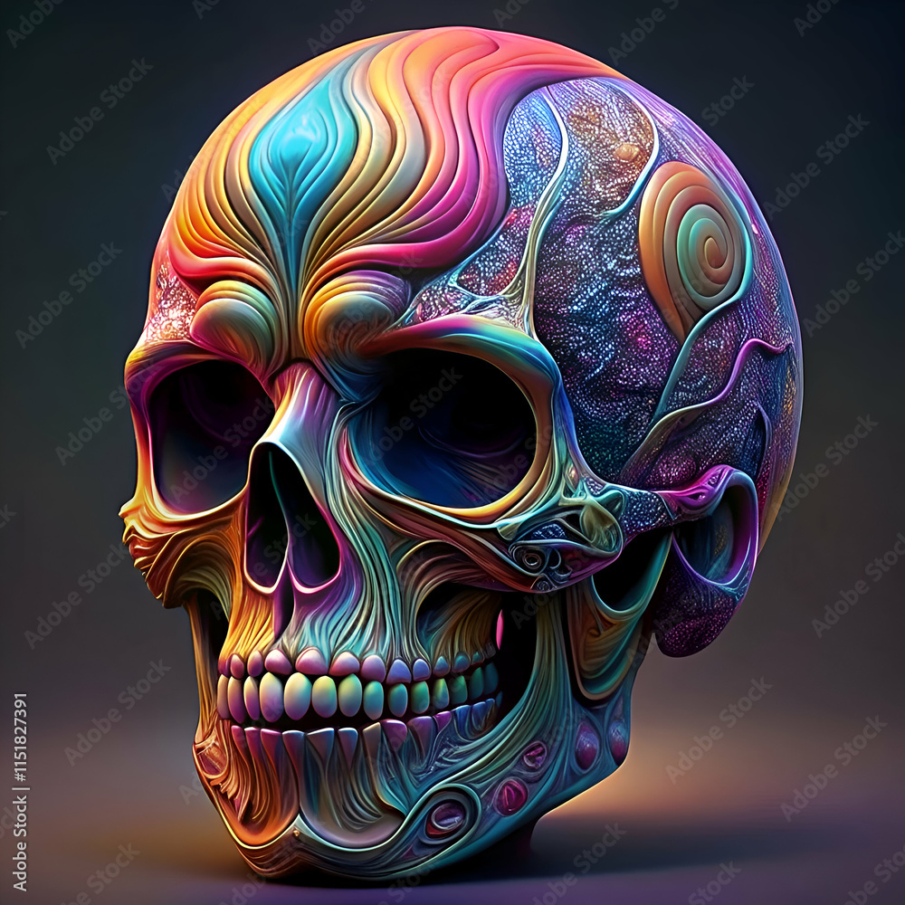 A colorful. detailed skull with a vibrant. psychedelic design.