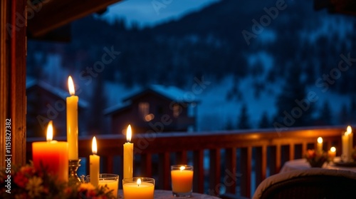 Cozy candlelit ambiance on a luxury ski resort balconyat dusk with snow-covered mountains in the background photo