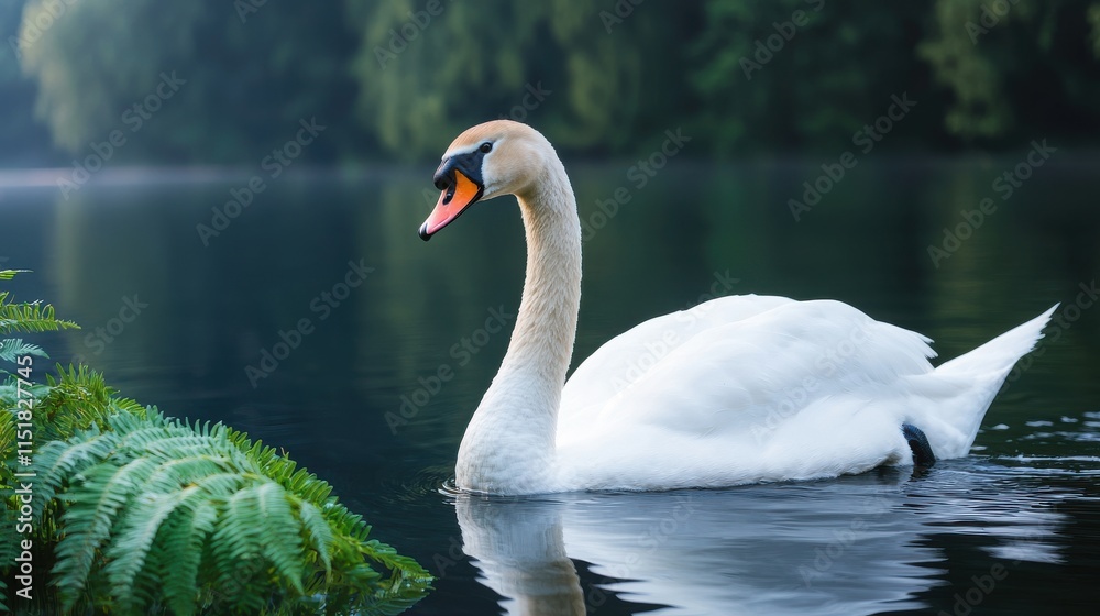Fototapeta premium Serene Swan Gliding Across a Calm Lake