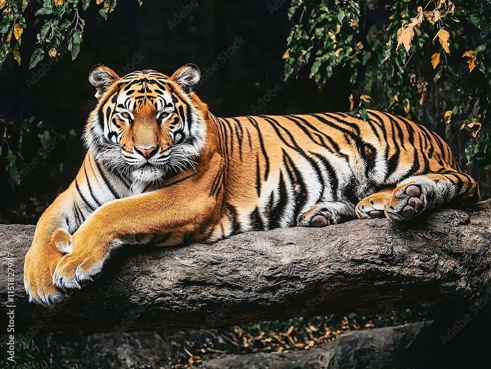 Fototapeta premium A Tiger Laying on a Tree Branch