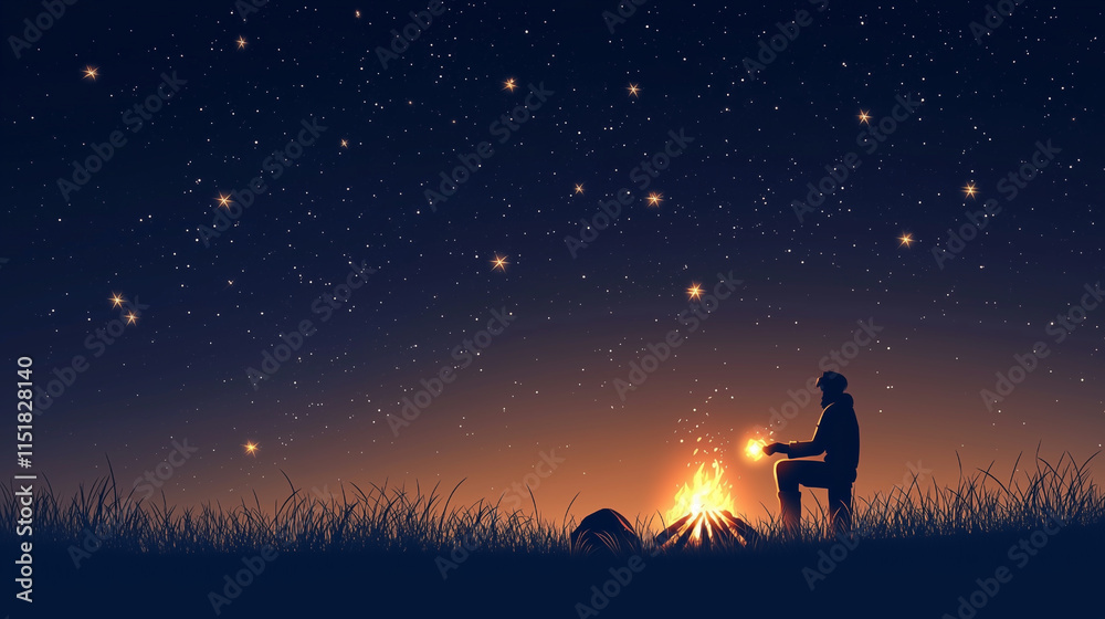Illustration of a Hero by a Campfire Under a Starry Sky in a Minimalistic Style Illustration of a Hero by a Campfire Under a Starry Sky in a Minimalistic Style