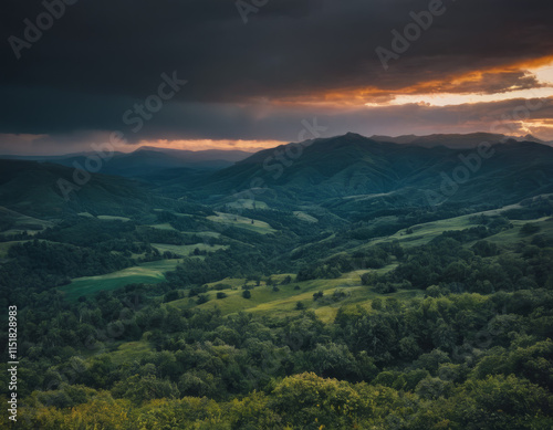 Rolling hills during sunset, with dramatic light highlighting the lush landscape.