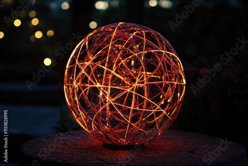 Illuminated spherical wireframe light sculpture at night photo