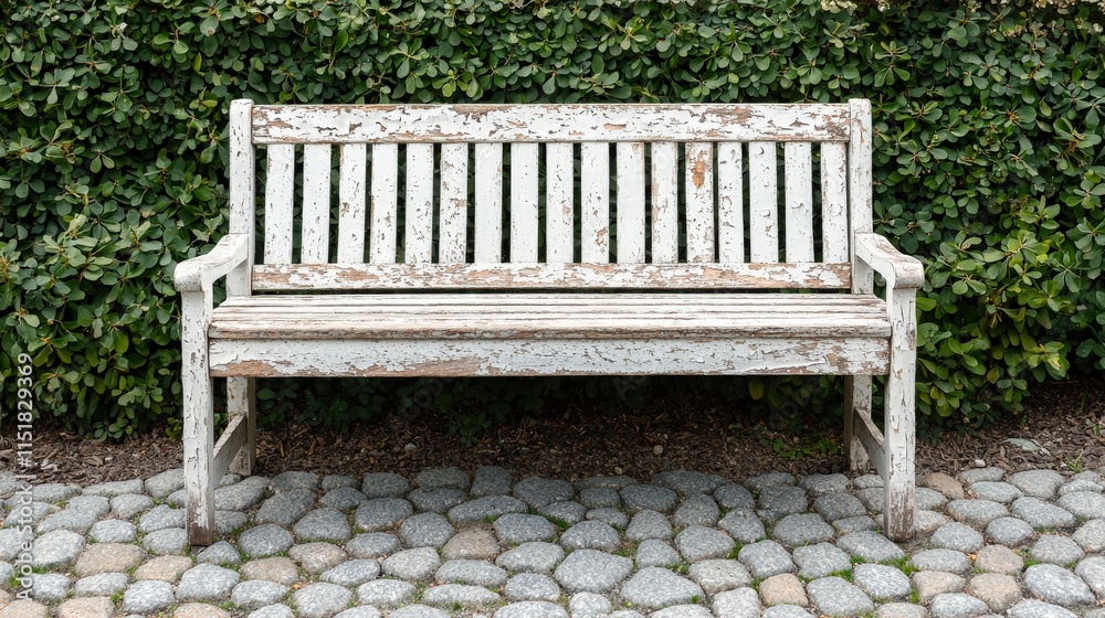 Weathered Wooden Bench in Serene Garden Setting Weathered Wooden Bench in Serene Garden Setting