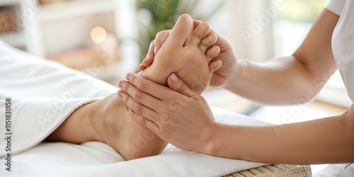 Female therapist performing foot care massage in bright spa room with natural light photo