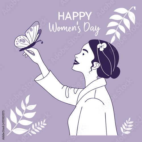 Celebrate Women's Day with a stunning vector design featuring a joyful lady and elegant floral elements. Perfect for greeting cards, invitations, and digital art projects.