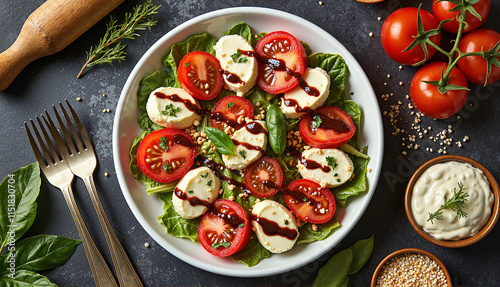 Caprese salad with fresh mozzarella, tomatoes, and basil drizzled with balsamic reduction, copy space