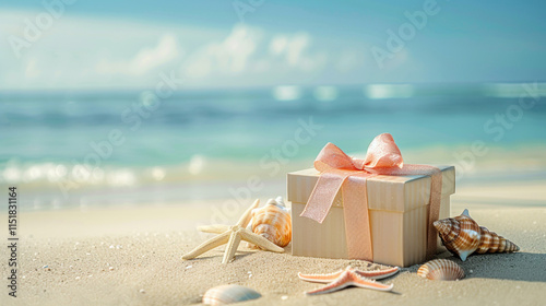 Present or gift box with a bow placed on the sandy beach. Surprise, happiness, and holiday gifting. Holidays celebration on the exotic place. Copy paste empty place for text photo