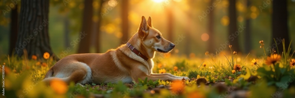 Lying dog in forest clearing with golden light, nature, autumn foliage Lying dog in forest clearing with golden light, nature, autumn foliage