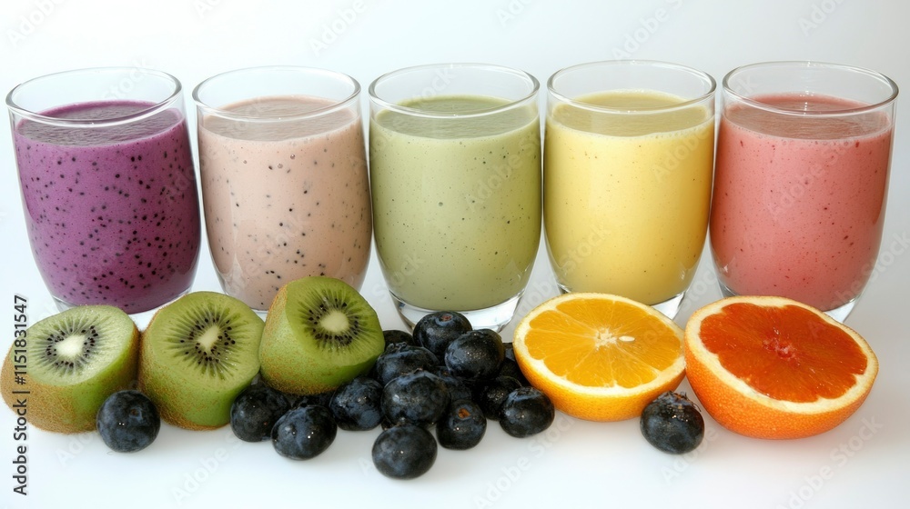 Colorful Fruit Smoothies in Glasses with Fresh Fruit Colorful Fruit Smoothies in Glasses with Fresh Fruit