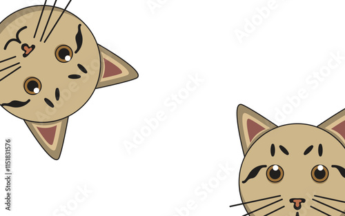 Two cute brown cat faces with expressive features, one upside down, on a white background. Minimalist cartoon illustration perfect for fun designs.