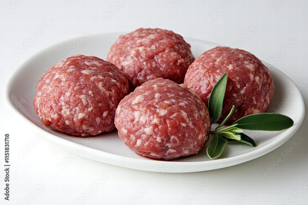 Raw Meatballs on White Plate with Sage Raw Meatballs on White Plate with Sage