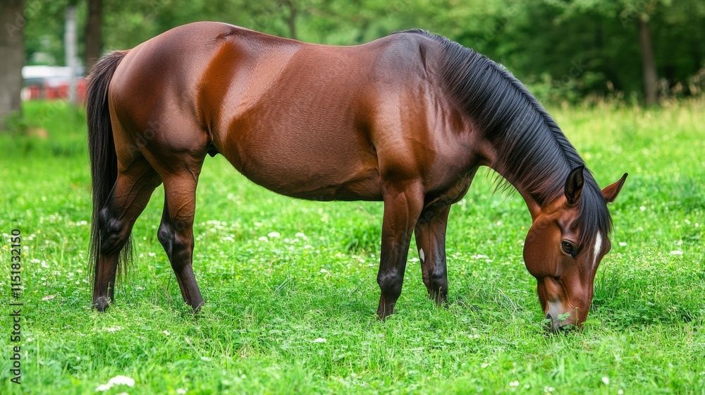 Brown Horse Grazing In Lush Green Pasture Brown Horse Grazing In Lush Green Pasture