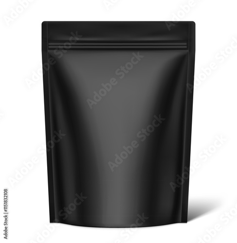 Realistic black stand up pouch bag mockup with transparent shadow. Front view. Vector illustration isolated on white background. Ready for your design. EPS10.
