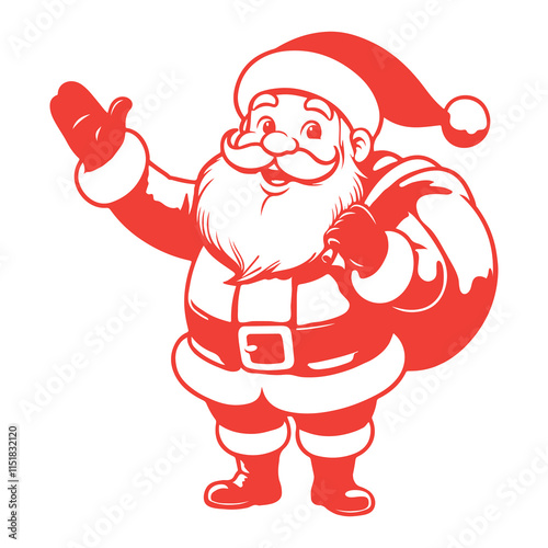 Santa Claus illustration waving, holding a sack full of gifts, perfect for festive greeting cards and holiday marketing. Red monochrome vector illustration in cartoon style