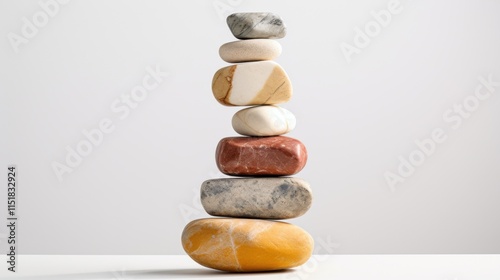 A natural stack of textured stones with visible striations and earthy hues, balanced to symbolize tranquility, set against a bright white backdrop photo