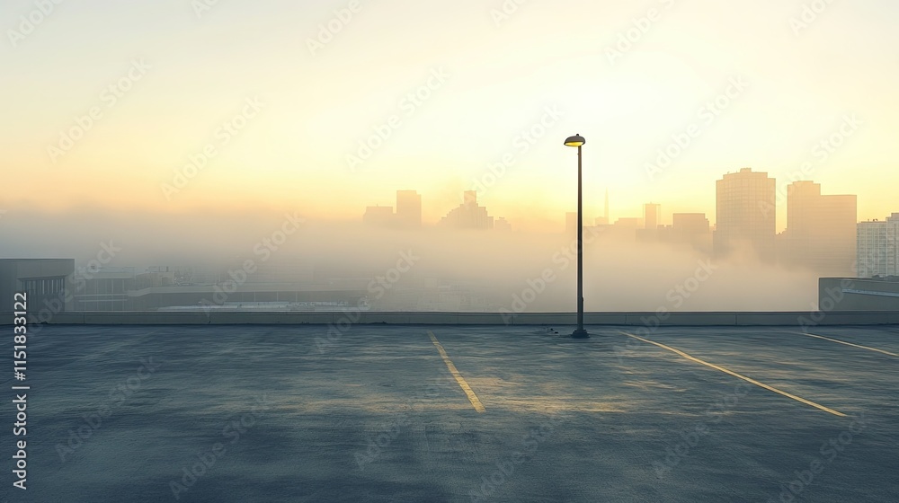 Obraz premium An empty rooftop parking lot with a single lamppost casting shadows, set against a misty city skyline at sunrise