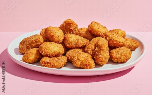 A platter of crispy vegan nuggets with plant-based ingredients, on a pastel pink background