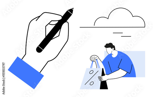 Hand holding a black pen, man with blue shirt carrying shopping bags with a percentage symbol, and a partial cloud in the sky. Ideal for retail marketing, ecommerce, writing, shopping promotions