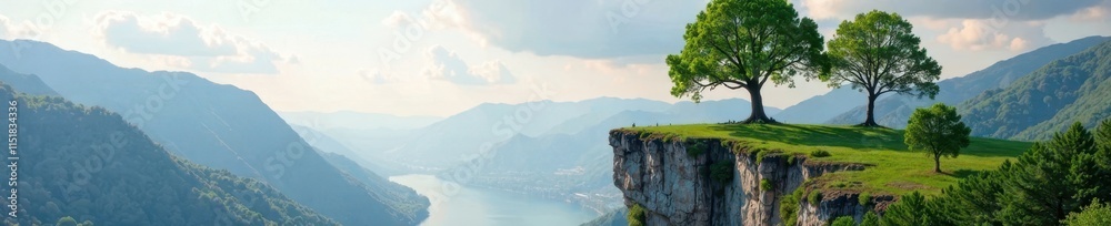 Two majestic trees standing side by side on a scenic cliff edge, landscape, greenery Two majestic trees standing side by side on a scenic cliff edge, landscape, greenery