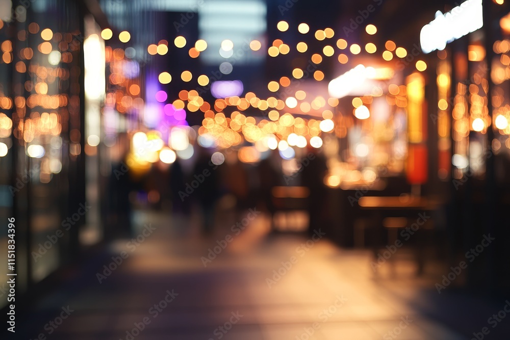 Fototapeta premium Blurred night city street scene with warm bokeh lights and pedestrians.