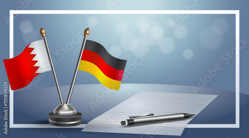 Bahrain and Germany National flags on small table with bokeh background, cooperative relationship