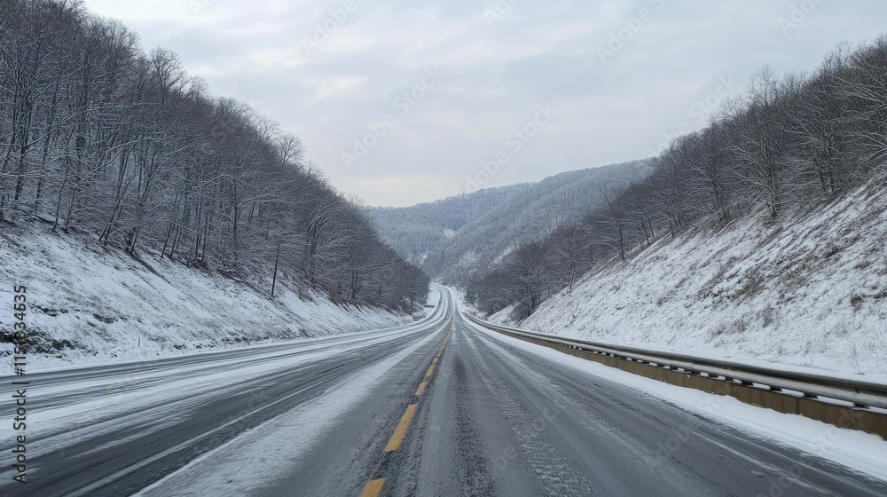 An icy highway surrounded by snow-covered hills under a stark, gray winter sky, evoking solitude and resilience An icy highway surrounded by snow-covered hills under a stark, gray winter sky, evoking solitude and resilience
