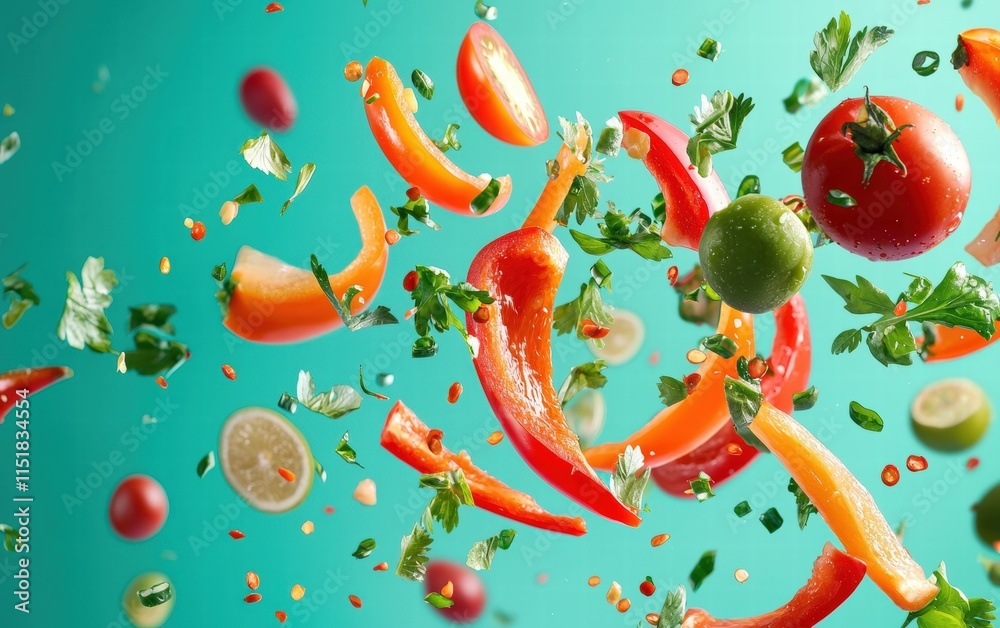 Naklejka premium Fresh salsa ingredients flying mid-motion with a vivid teal backdrop