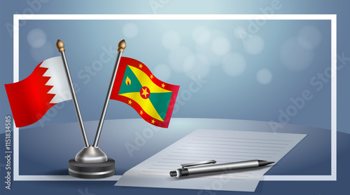 Bahrain and Grenada National flags on small table with bokeh background, cooperative relationship