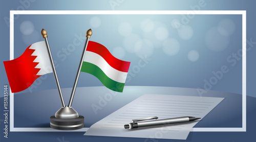 Bahrain and Hungary National flags on small table with bokeh background, cooperative relationship